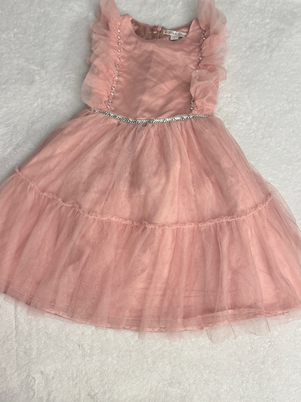 Girls Pink Tulle Party Dress with Rhinestone Trim